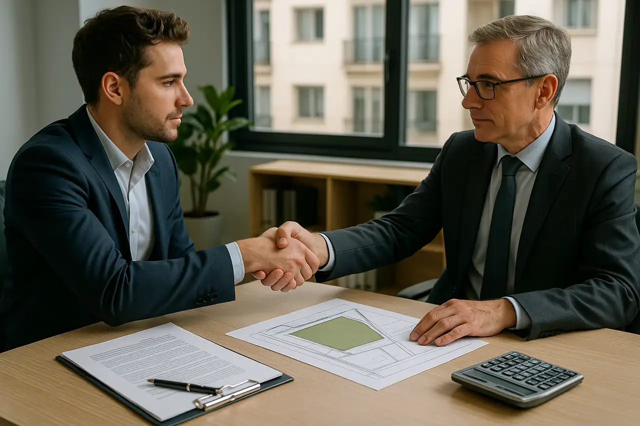 Negociación de precio y condiciones al vender un solar a una promotora con documentación sobre la mesa