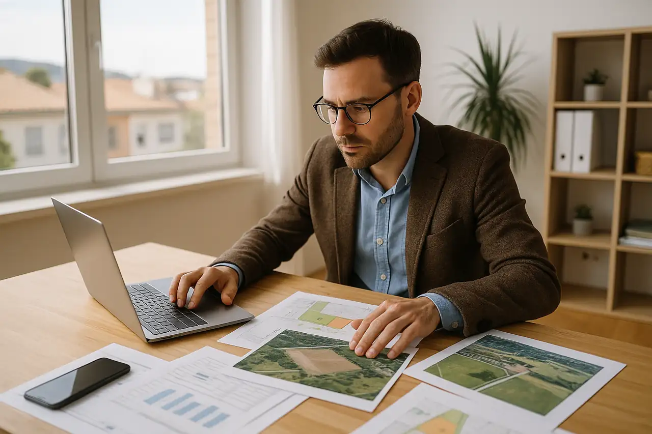 Revisión estratégica para reenfocar la venta de un terreno con documentos y portátil