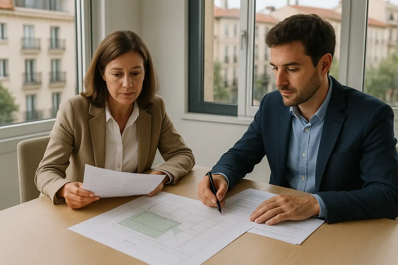 Propietario mostrando documentación ordenada a un comprador interesado en un terreno