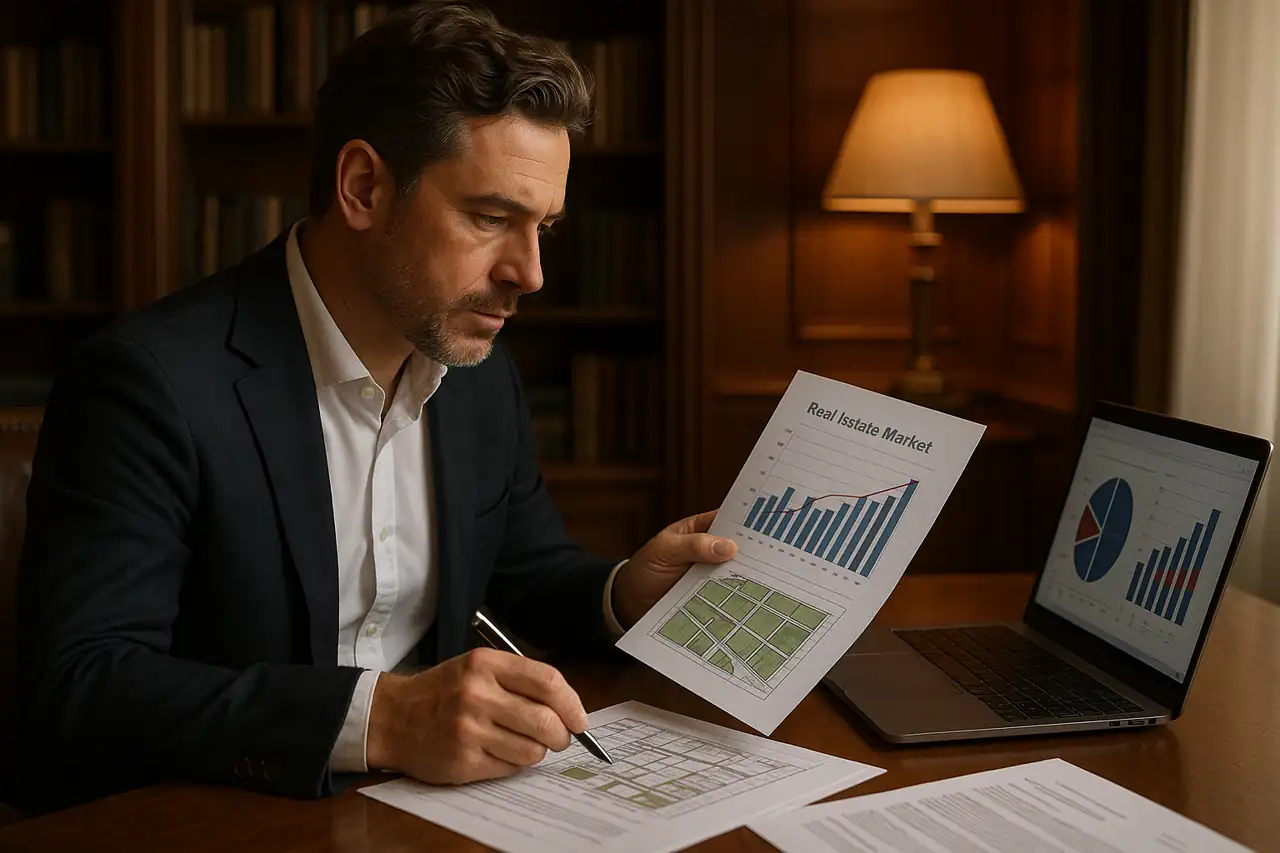 Propietario revisando mercado y estrategia antes de bajar el precio de un terreno