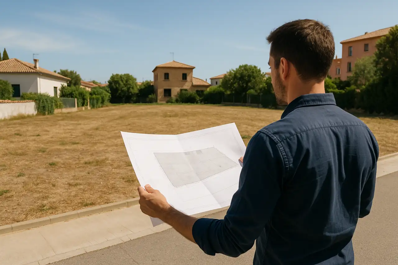 Comprador revisando un terreno ordenado y bien presentado antes de avanzar en la compra