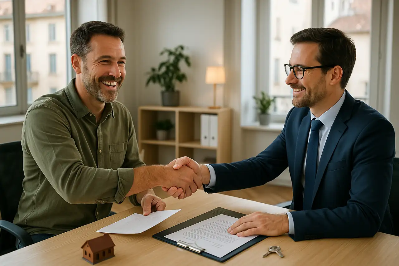 Propietario cerrando con tranquilidad la venta de un terreno tras planificar impuestos y gastos