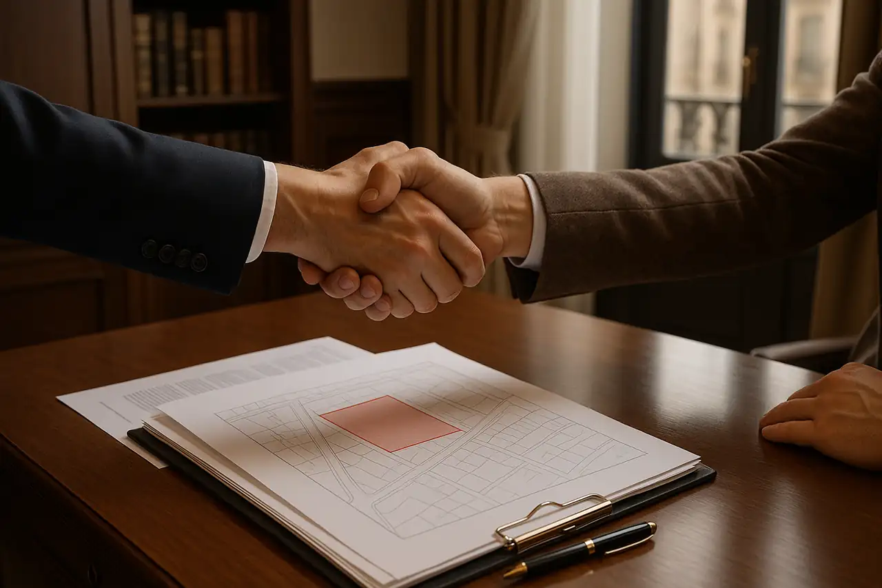 Firma y cierre de la venta de un solar urbano con documentación ordenada y acuerdo profesional