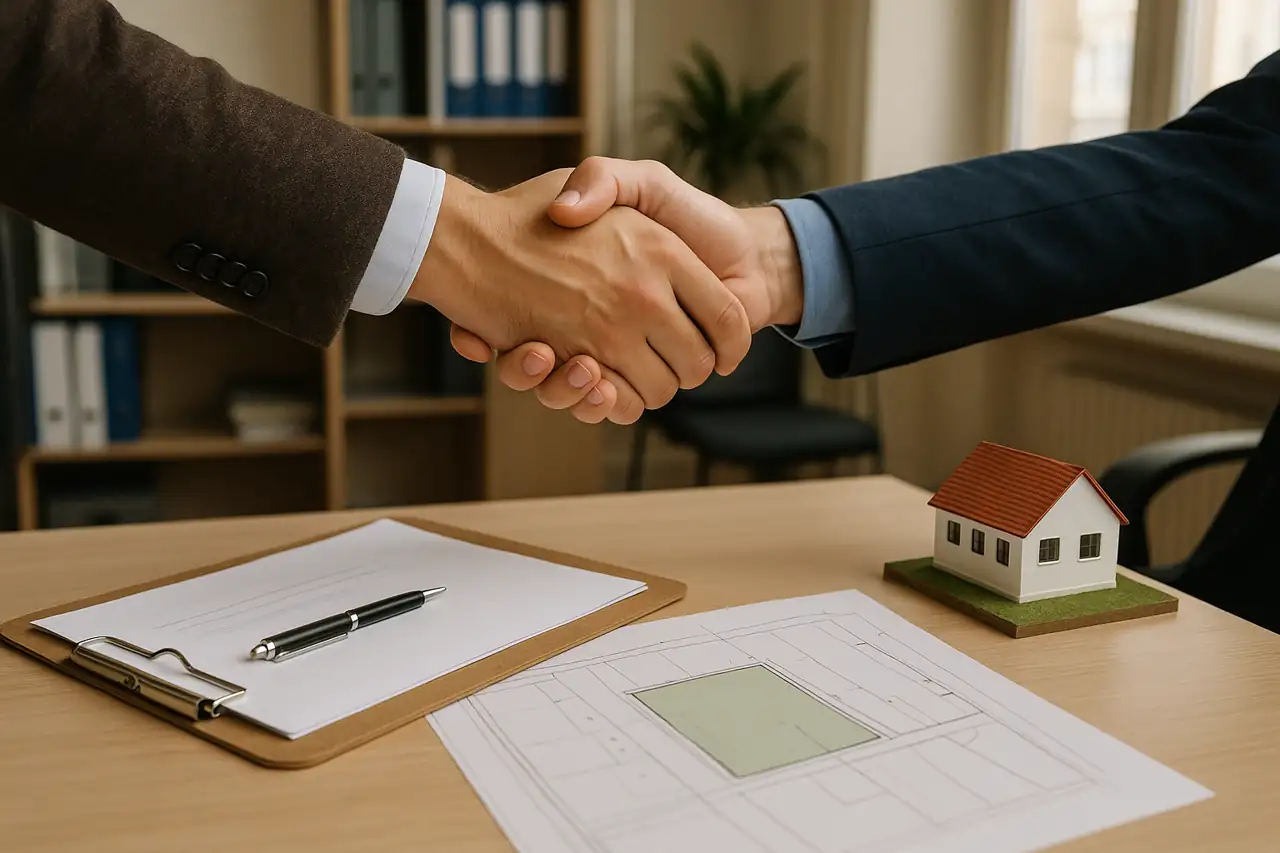 Firma y cierre de la venta de un terreno con documentos claros y operación bien preparada