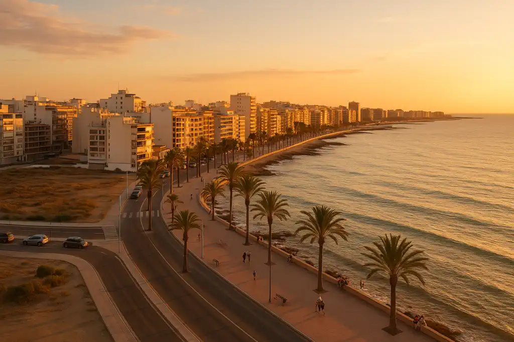 Torrevieja skyline costero y entorno urbano mediterráneo al atardecer
