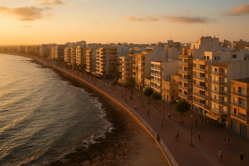 Atardecer en Torrevieja con skyline urbano y ambiente costero realista