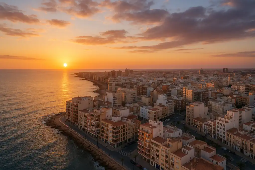 Torrevieja al atardecer con costa mediterránea y ciudad realista