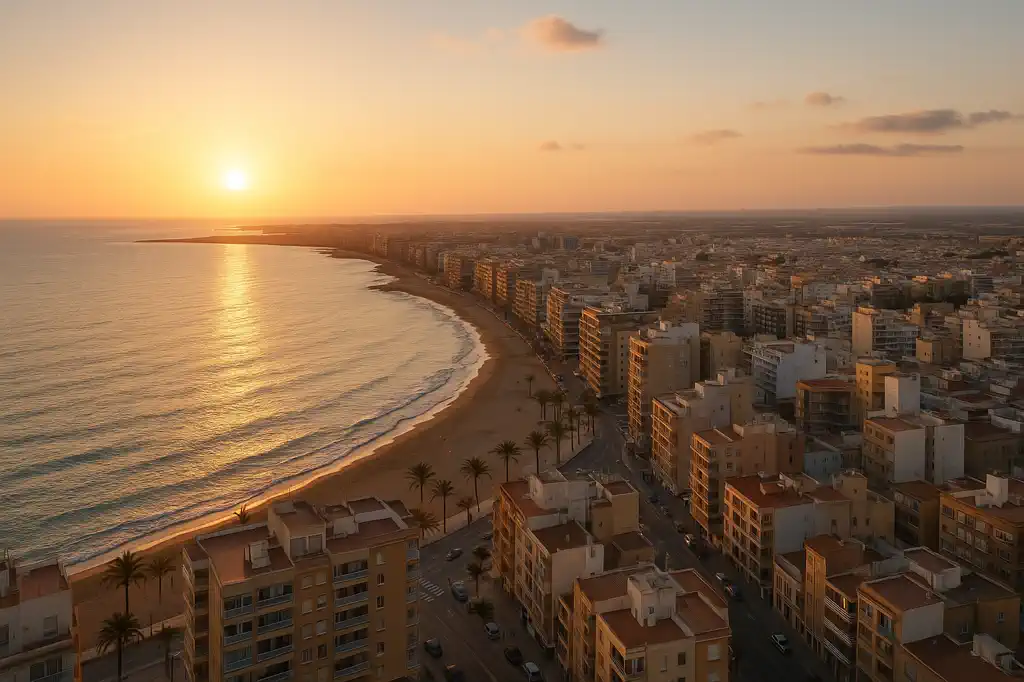 Vista bonita de Torrevieja con puesta de sol y entorno urbano costero