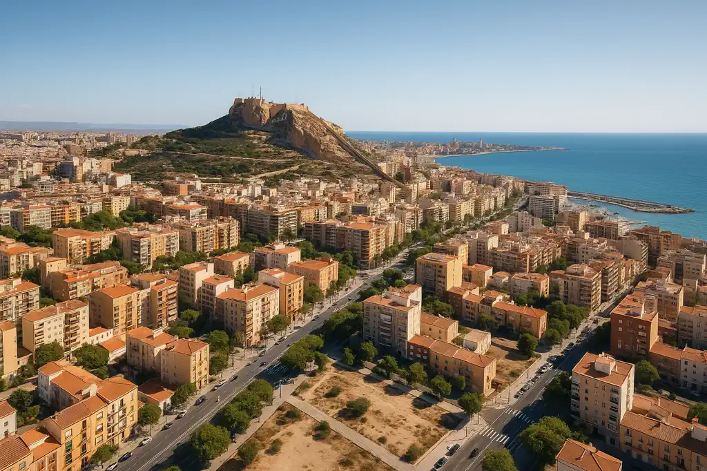 Vista realista de Alicante con costa mediterránea, ciudad y entorno urbano reconocible