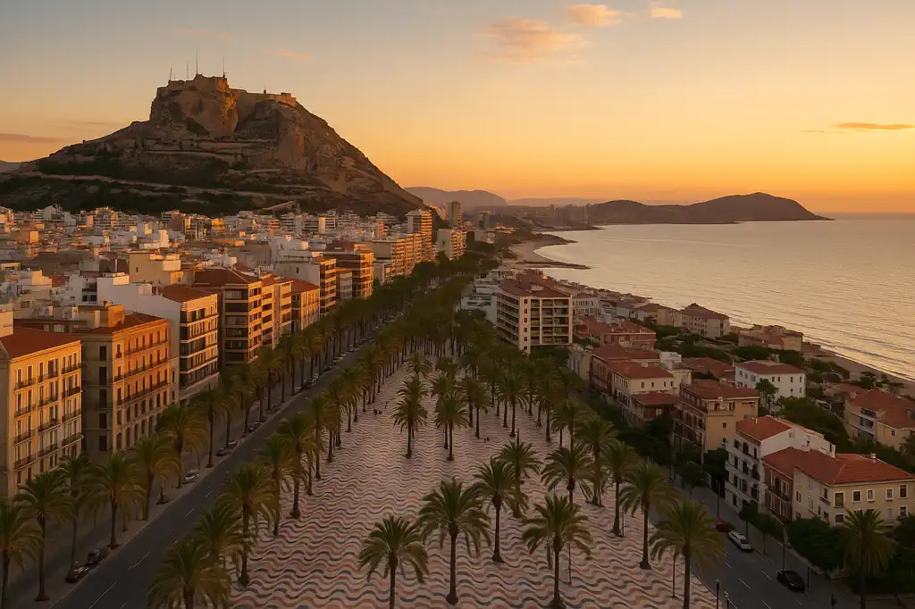 Imagen editorial de Alicante con paseo marítimo, ciudad y costa mediterránea