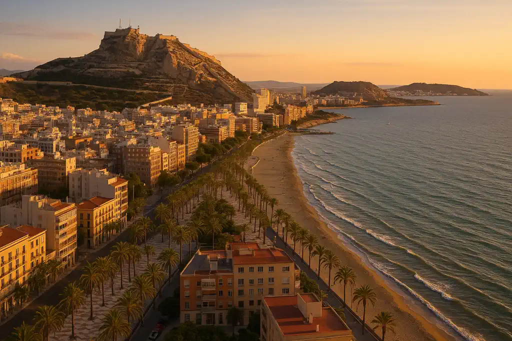 Alicante al atardecer con ciudad mediterránea y entorno urbano de alta calidad