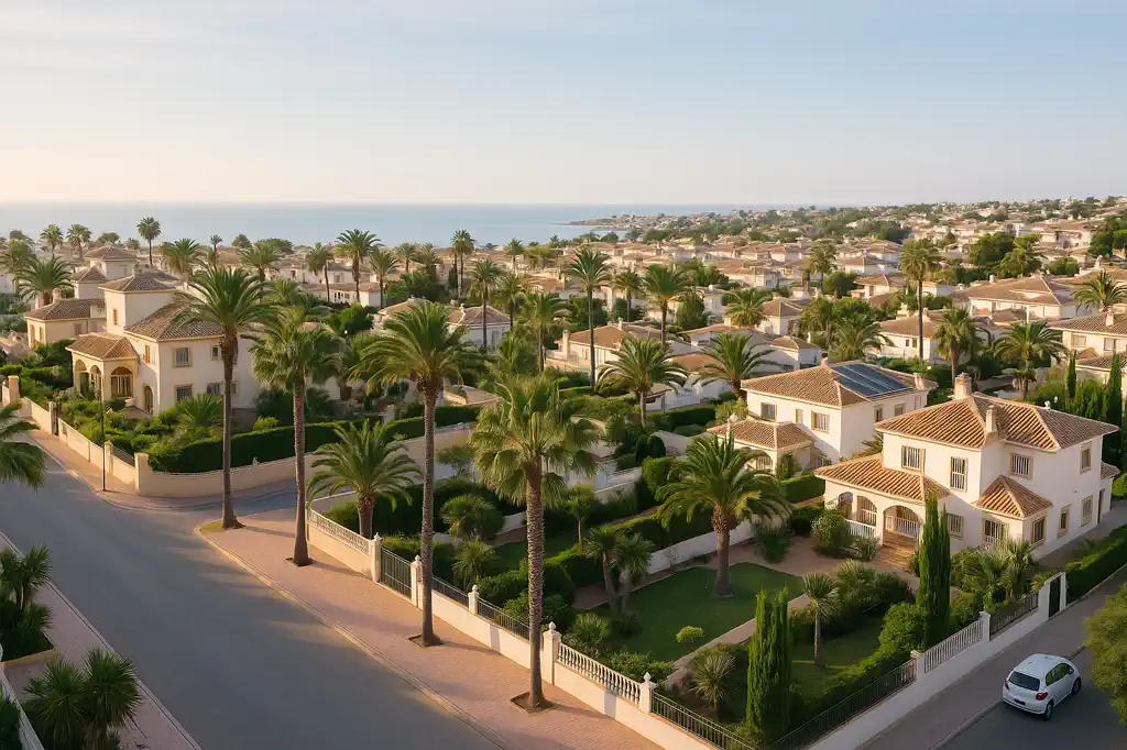 Vista realista de Orihuela Costa con costa mediterránea y entorno residencial
