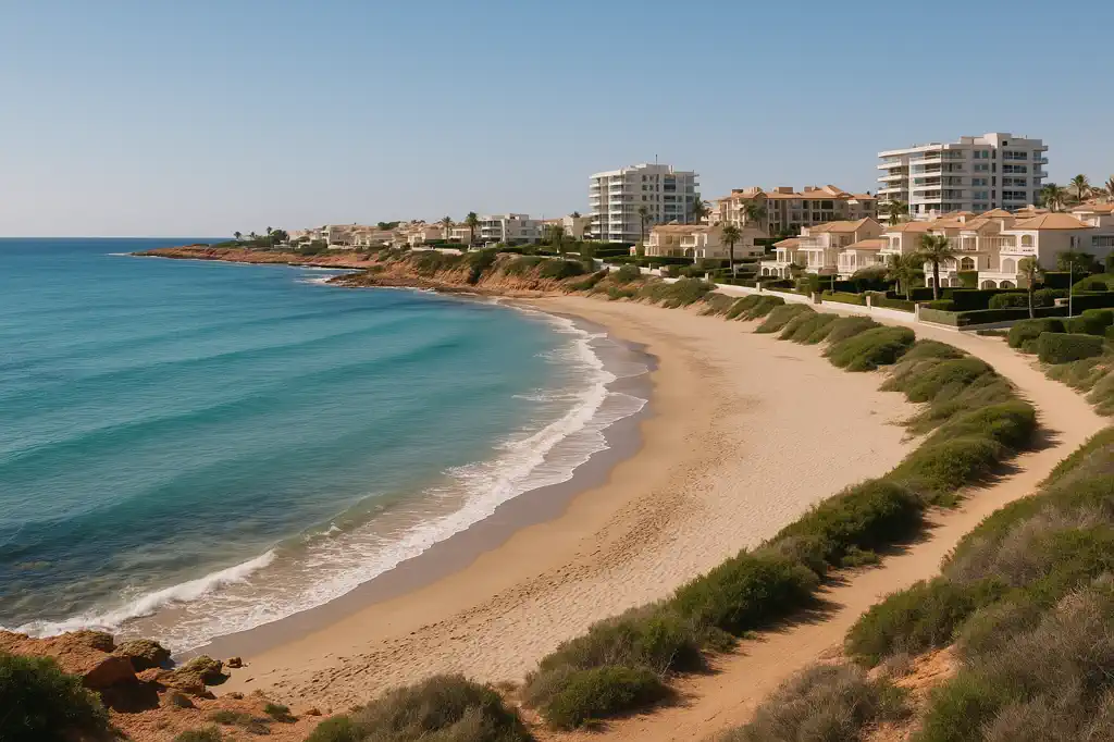 Orihuela Costa con playa, mar y zonas residenciales mediterráneas reales