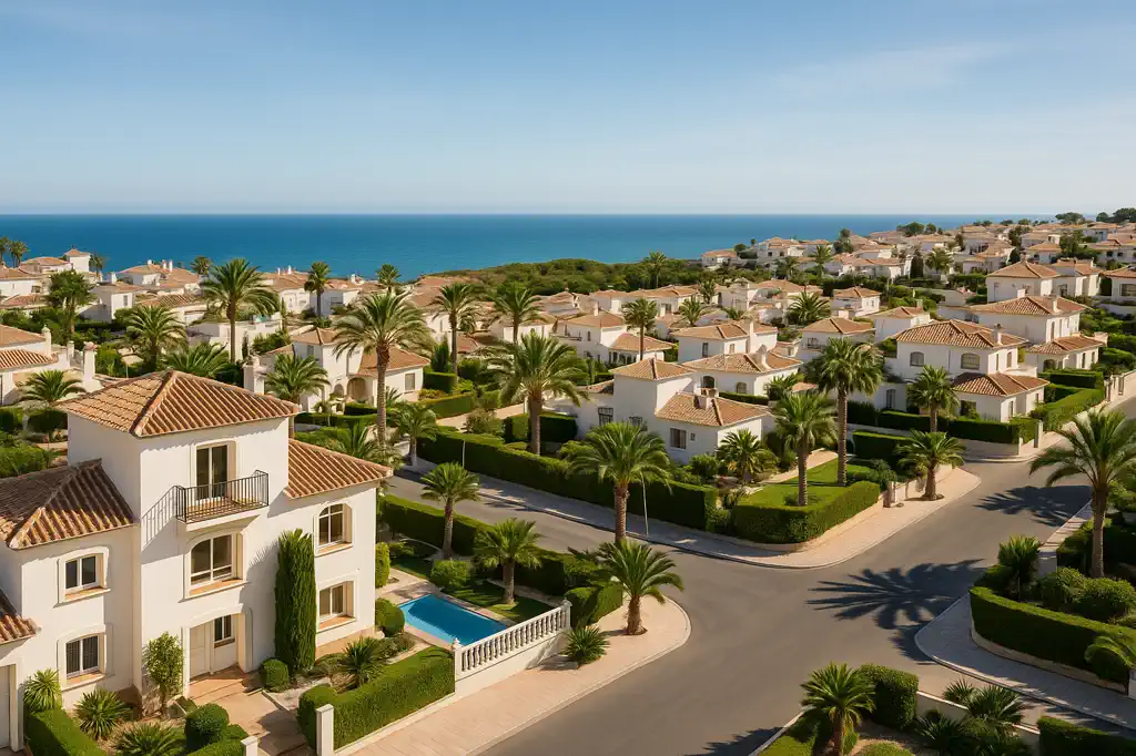 Imagen costera realista de Orihuela Costa con urbanizaciones y mar