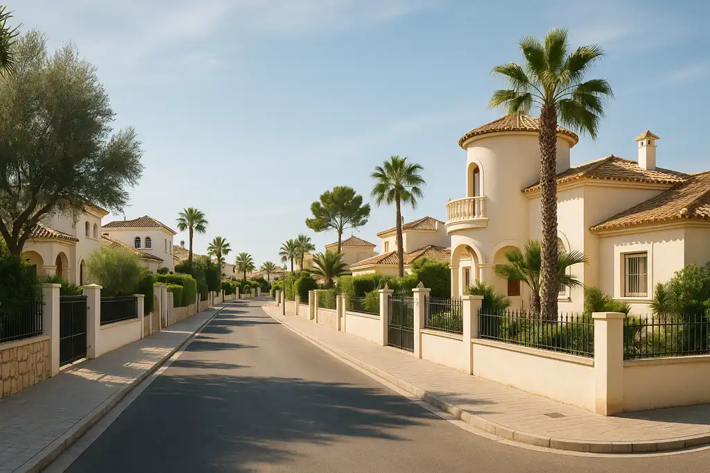 Entorno residencial mediterráneo de Orihuela Costa con imagen editorial natural