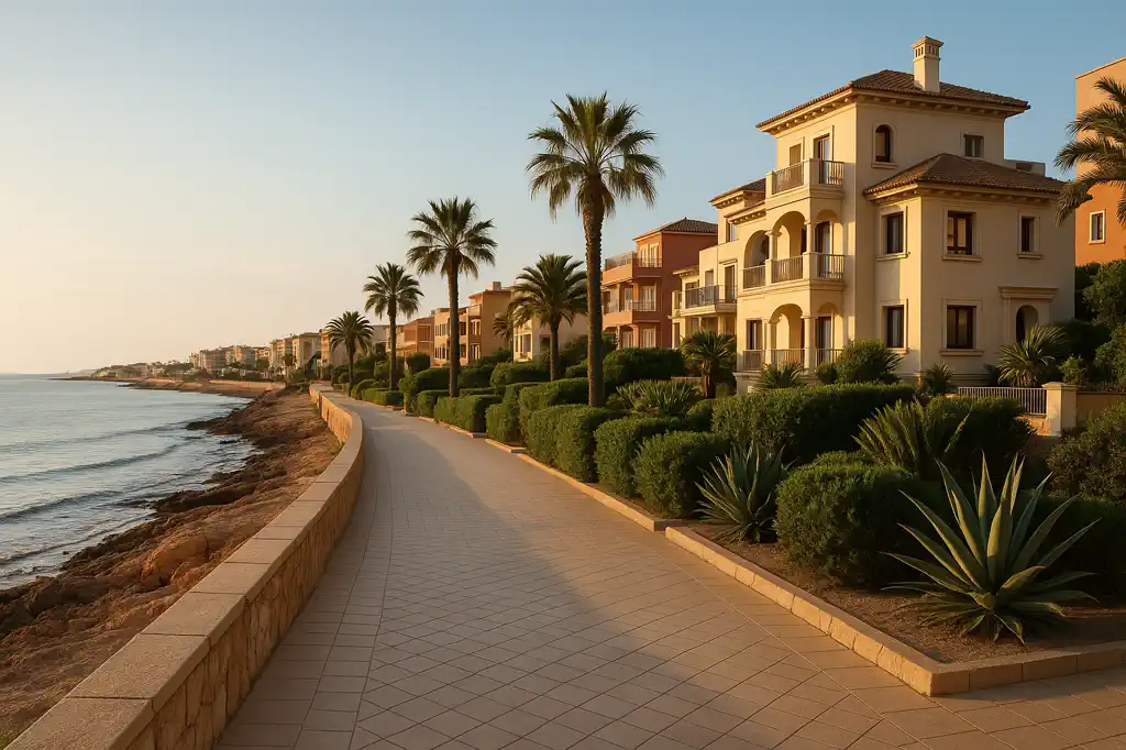 Vista de Orihuela Costa con paseo, mar y zona urbana mediterránea realista