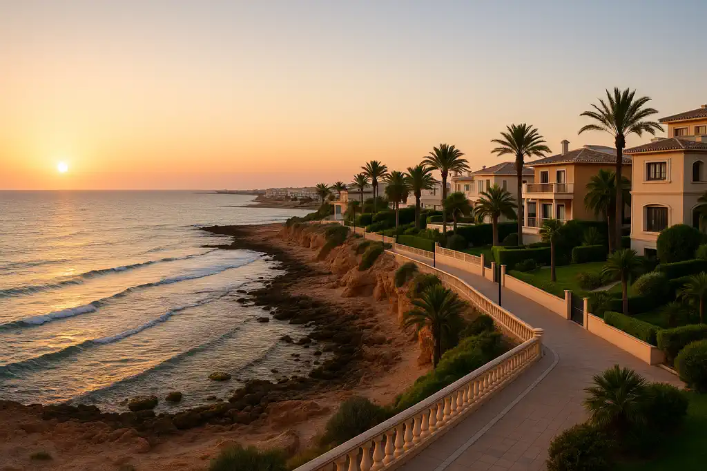 Atardecer realista en Orihuela Costa con costa y entorno residencial