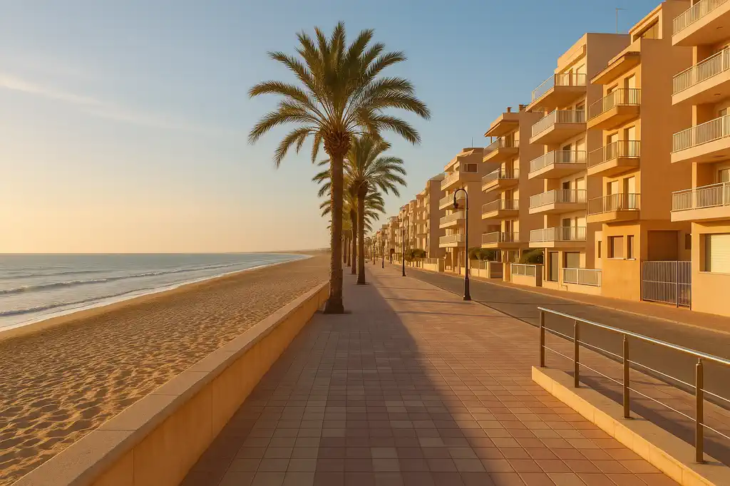 Guardamar con paseo, playa y tejido urbano mediterráneo