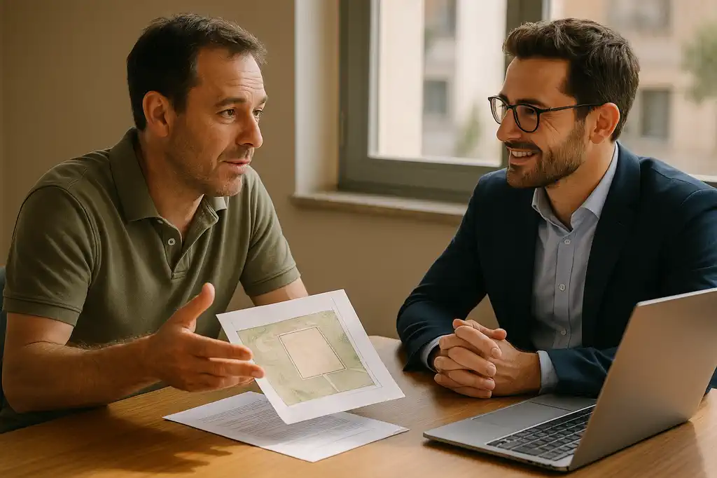 Propietario revisando la venta de un terreno con apoyo profesional y documentación sobre la mesa
