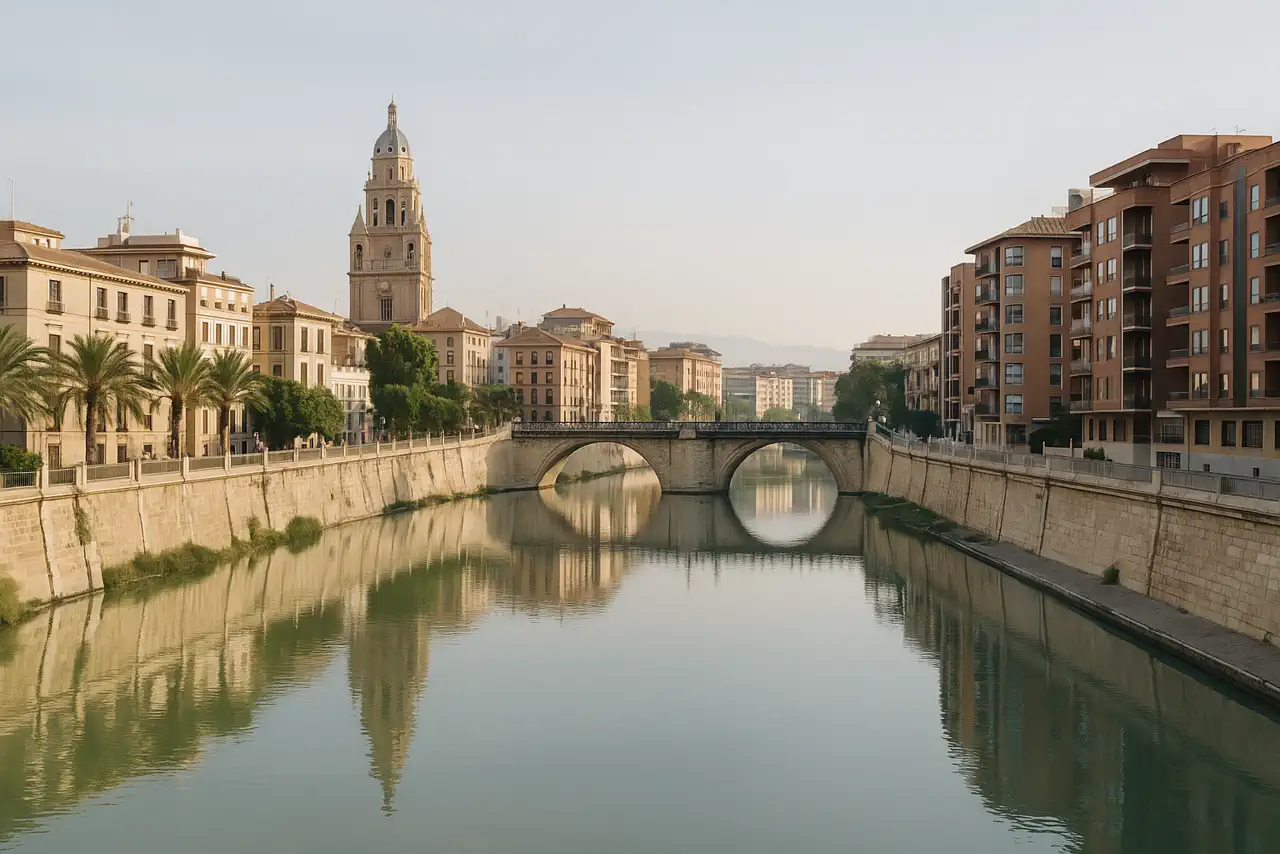 Vista realista de Murcia capital con entorno urbano, río y skyline reconocible
