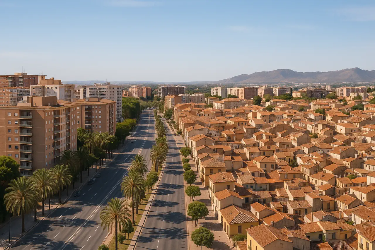 Murcia con barrios, avenidas y tejido urbano mediterráneo realista