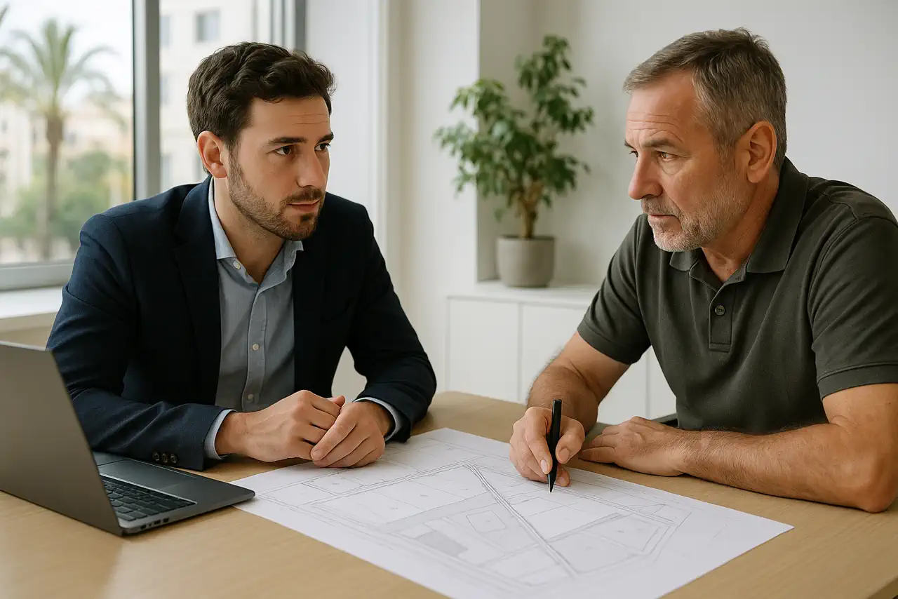 Reunión profesional entre propietario y comprador para vender terreno en Murcia