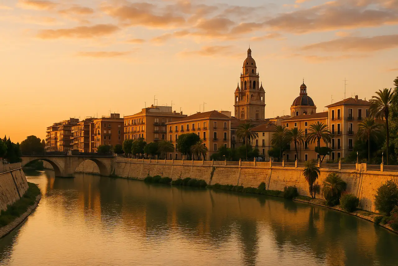 Atardecer realista en Murcia con skyline urbano y ambiente mediterráneo