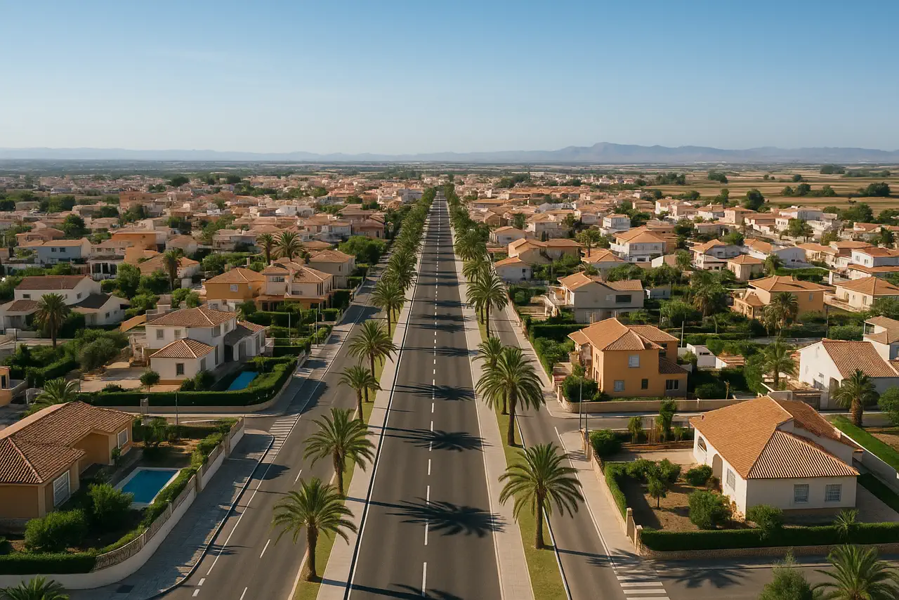 San Javier con barrios, avenidas y entorno residencial mediterráneo realista