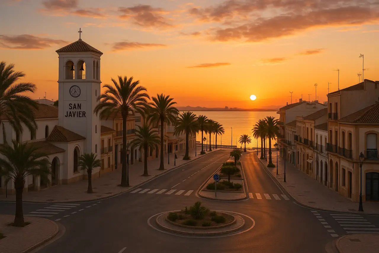 Atardecer realista en San Javier con skyline urbano mediterráneo y ambiente costero