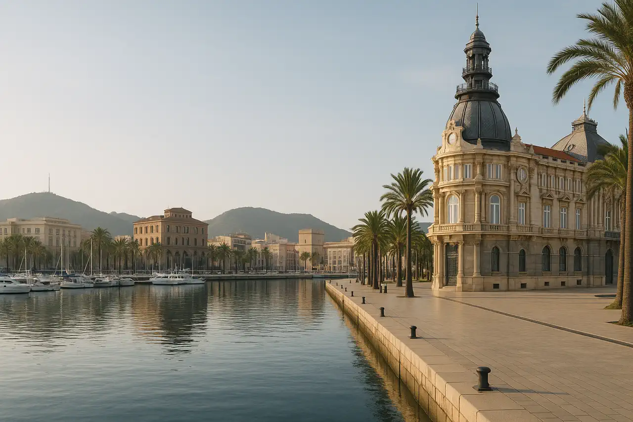Vista realista de Cartagena con puerto, ciudad y entorno mediterráneo