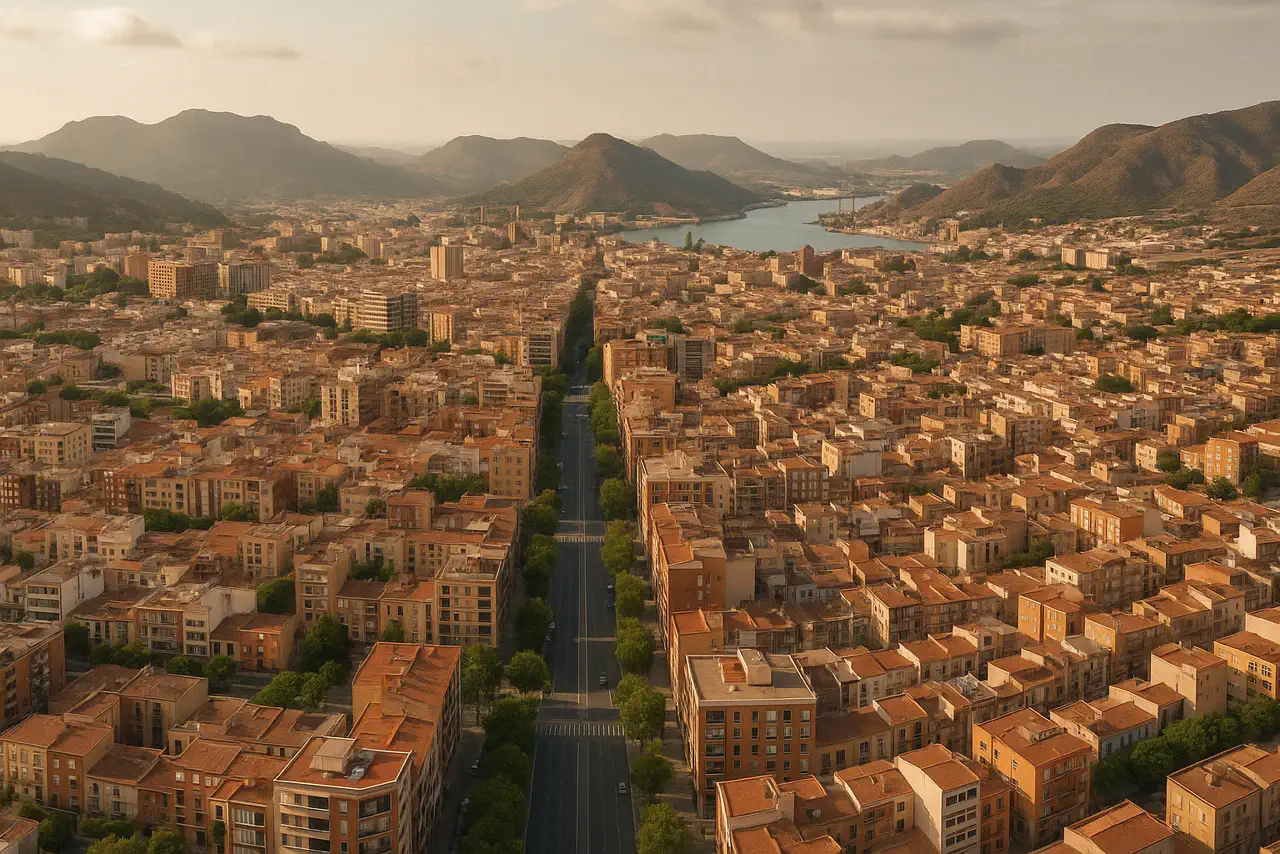 Cartagena con barrios, avenidas y tejido urbano mediterráneo realista