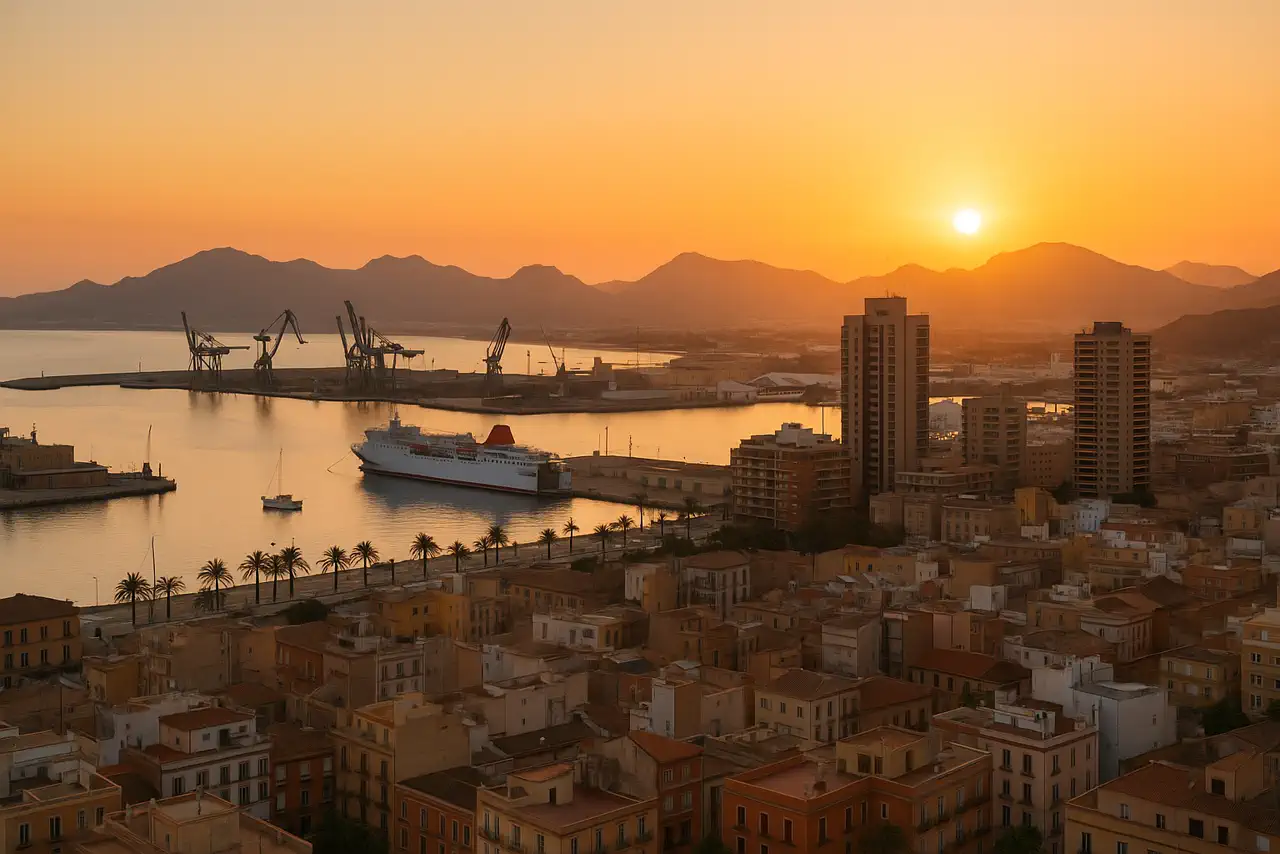 Atardecer realista en Cartagena con skyline urbano y ambiente mediterráneo