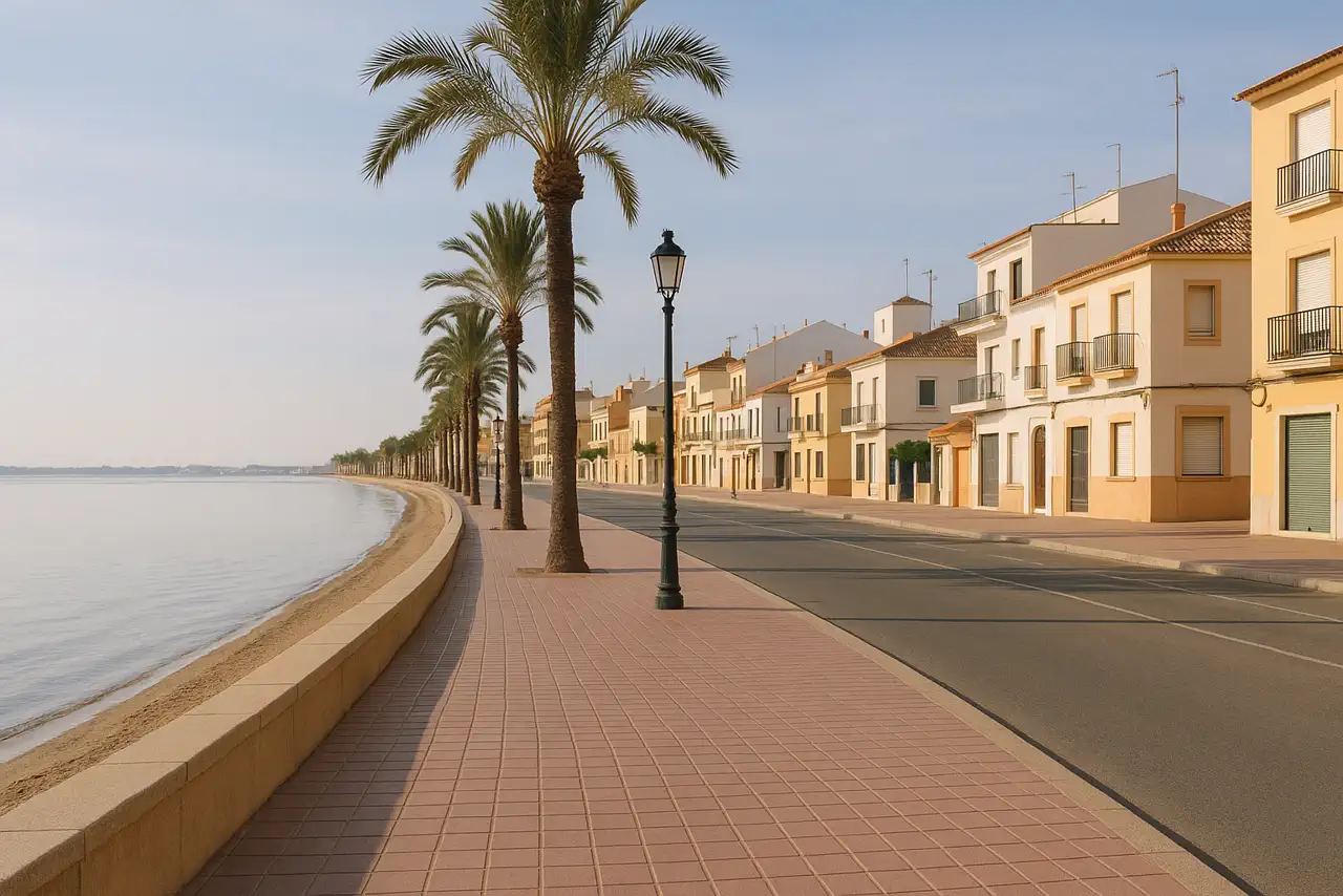 Vista realista de Los Alcázares con paseo marítimo, entorno urbano y Mar Menor