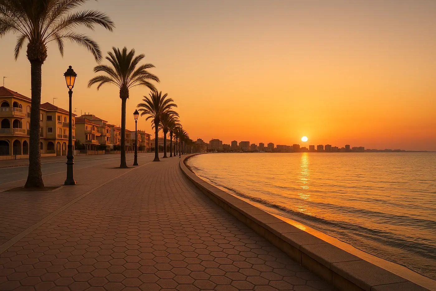 Atardecer realista en Los Alcázares con paseo, mar y skyline urbano mediterráneo