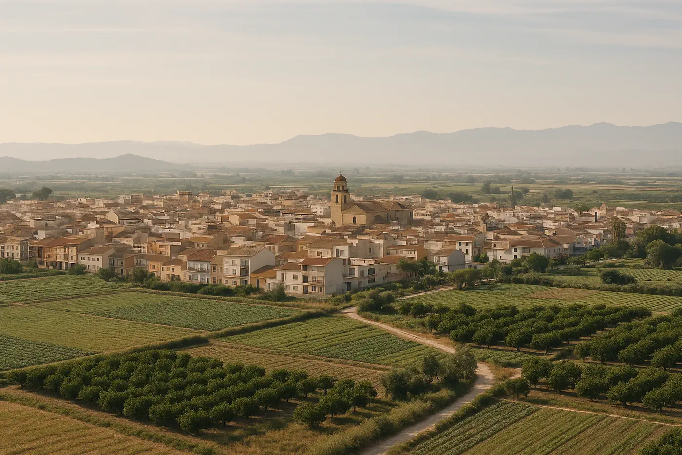 Vista realista de Almoradí con entorno urbano, vega y paisaje mediterráneo interior
