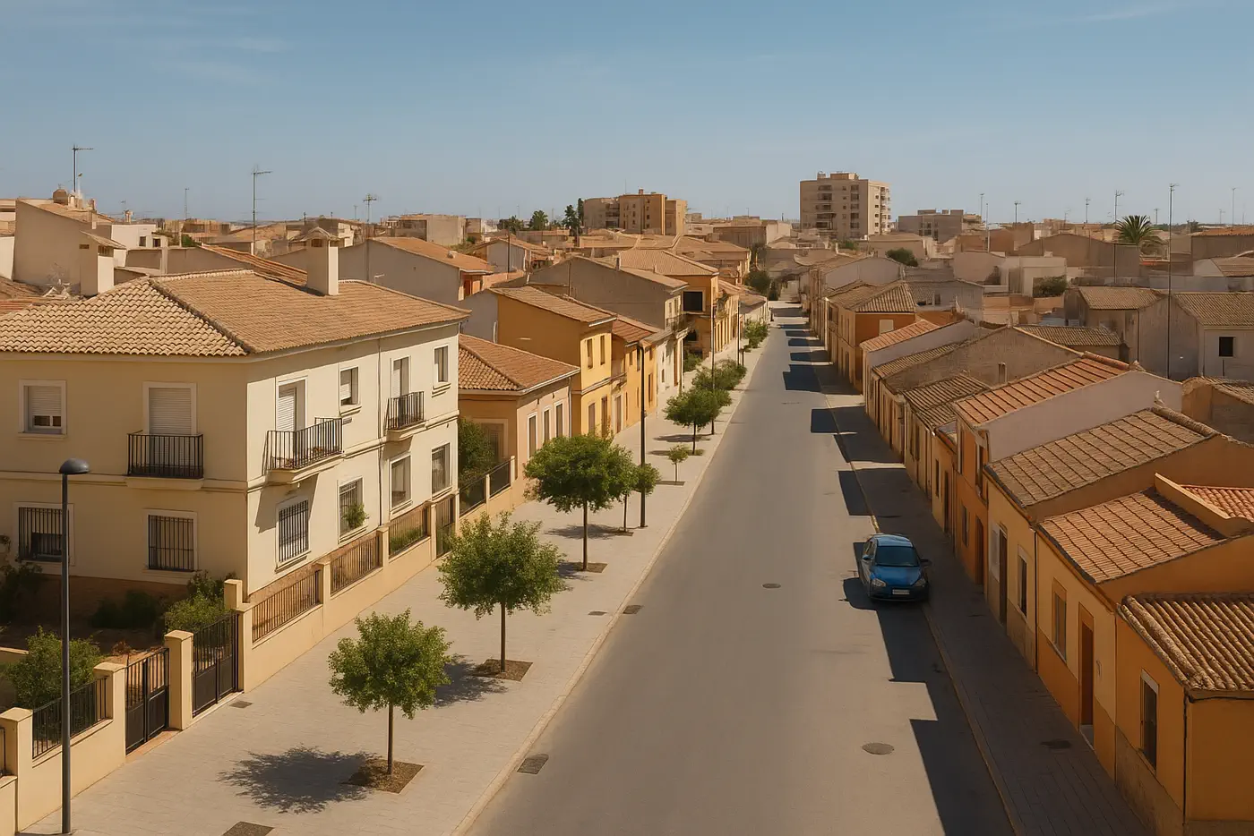 Almoradí con calles, barrios y entorno urbano-residencial realista