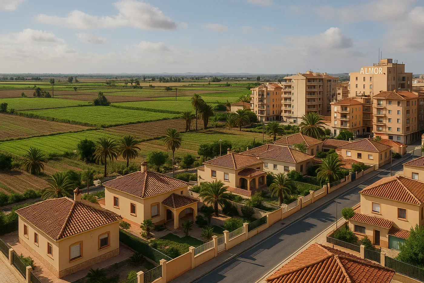 Entorno de Almoradí con paisaje de vega, viviendas y ambiente local realista