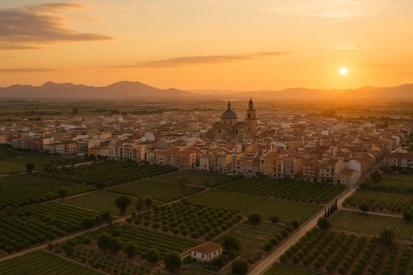 Atardecer realista en Almoradí con entorno urbano y paisaje mediterráneo interior