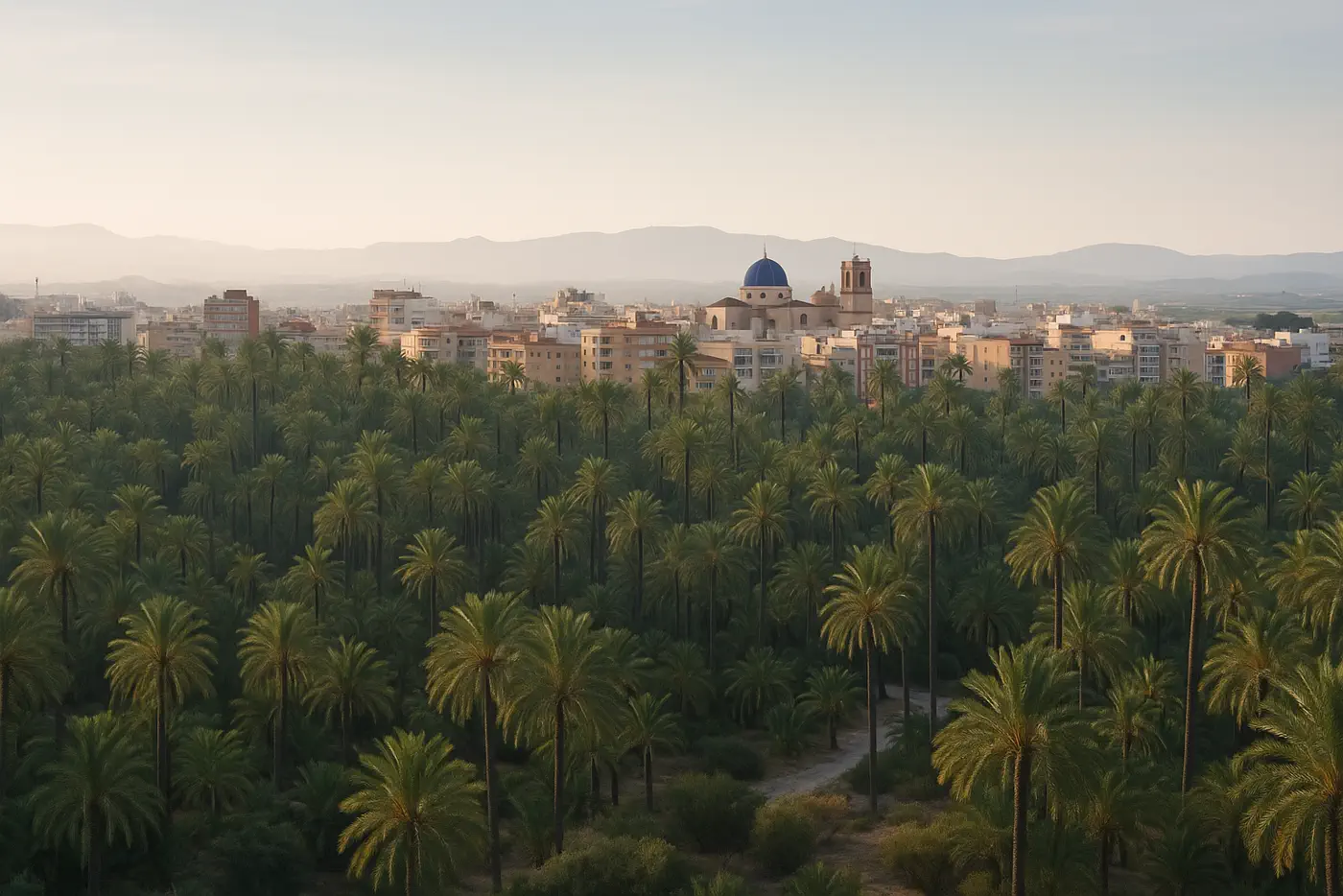 Vender terreno en Elche con vista urbana, palmeral y mercado local de solares y parcelas