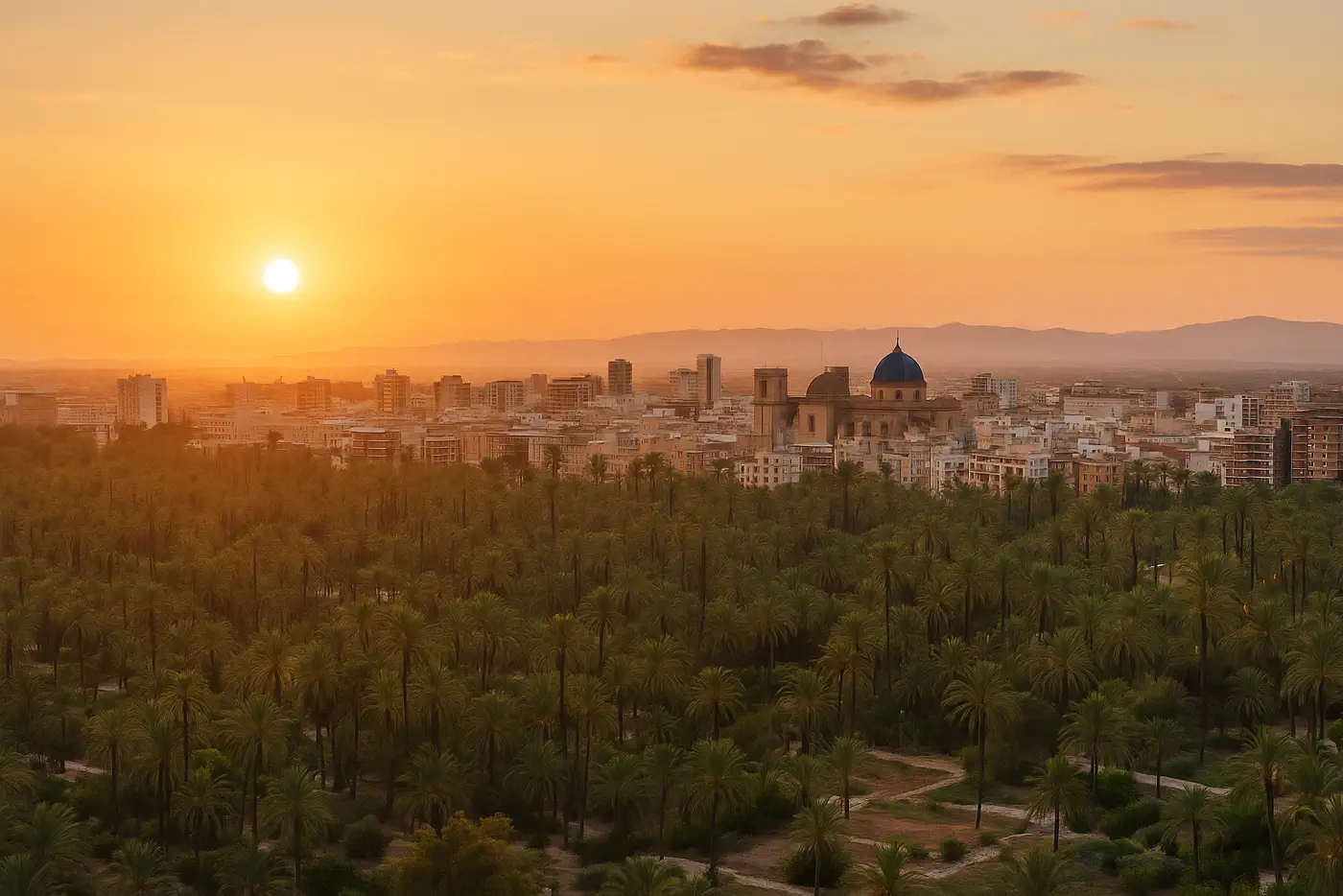 Atardecer en Elche con entorno urbano ideal para vender terreno, solar o parcela