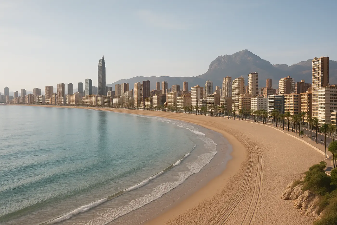 Vista realista de Benidorm con skyline, playa y entorno urbano mediterráneo
