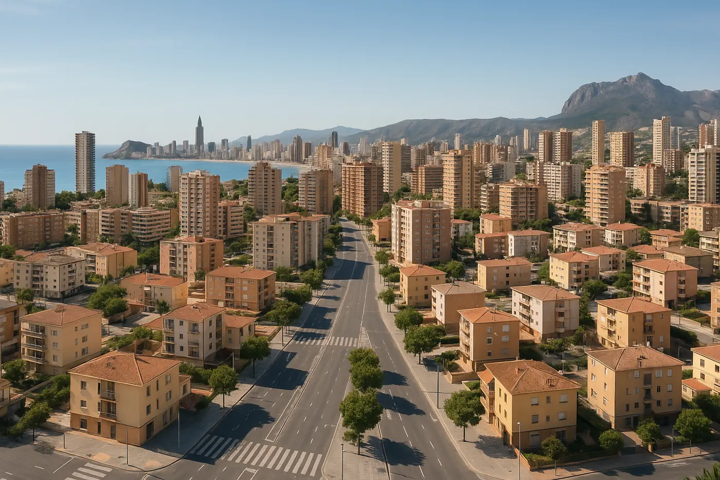 Benidorm con barrios, avenidas y tejido urbano mediterráneo realista