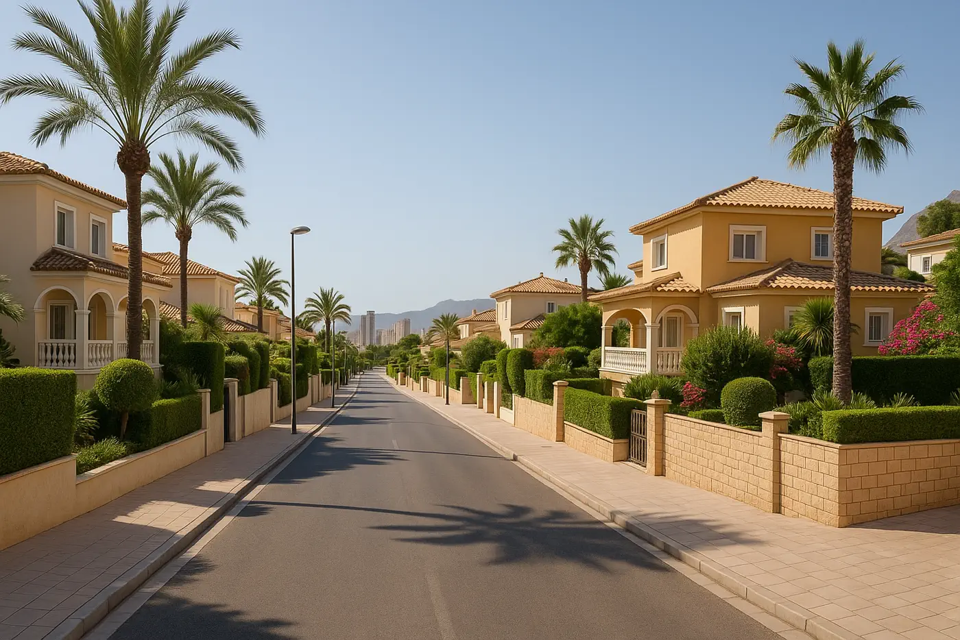 Zona residencial de Benidorm con viviendas y calles amplias de ambiente mediterráneo