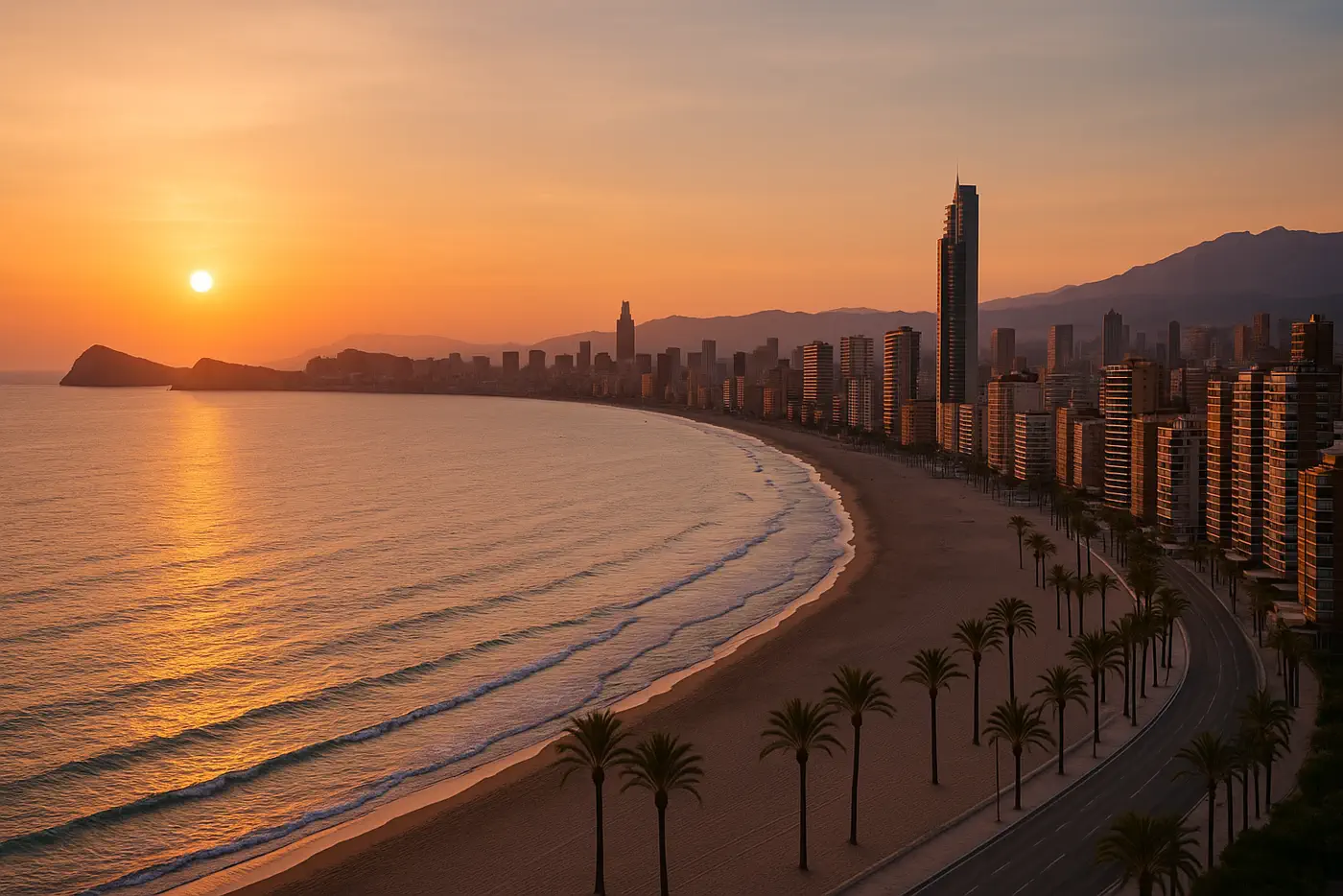 Atardecer en Benidorm con skyline, mar y entorno urbano ideal para vender terreno