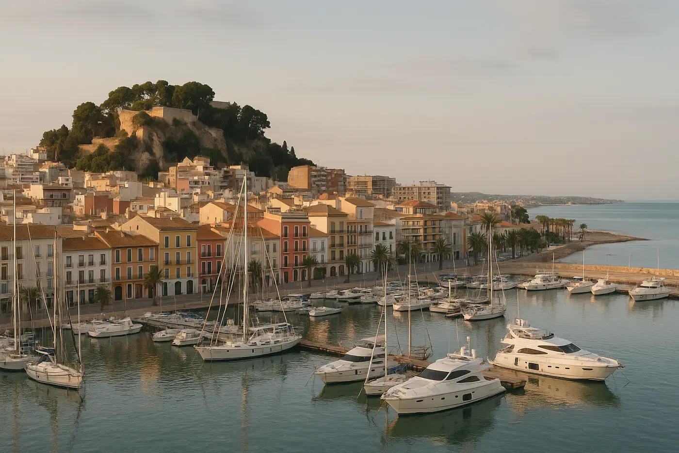 Vista realista de Dénia con puerto, ciudad y costa mediterránea