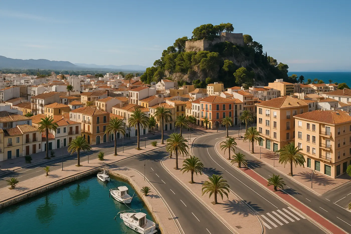 Dénia con barrios, avenidas y entorno mediterráneo realista