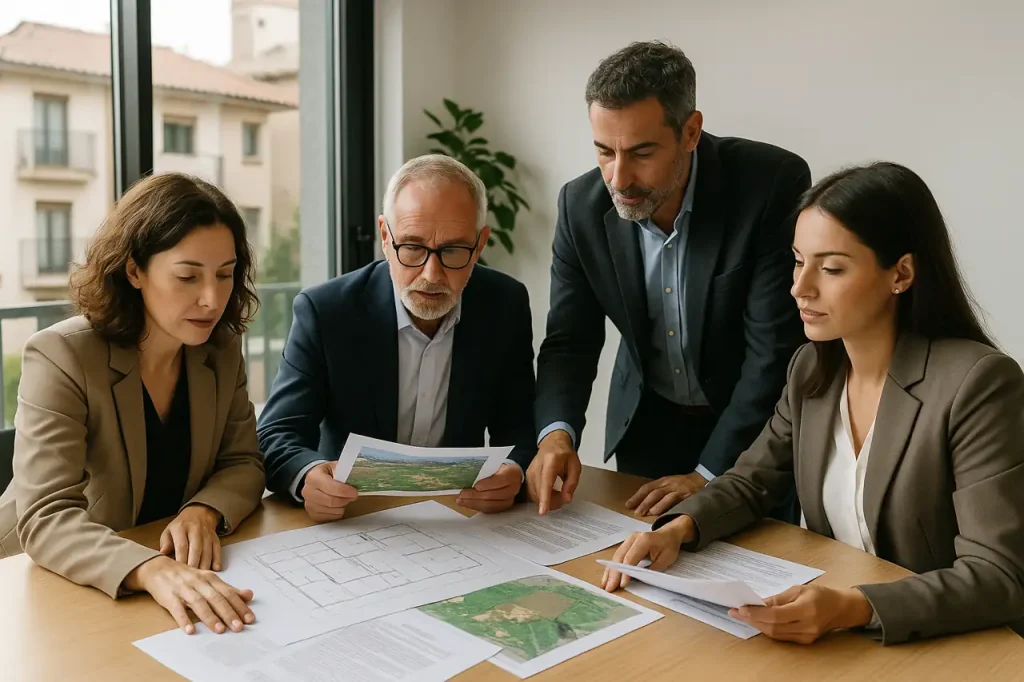 Grupo de copropietarios revisando la venta de un terreno con planos y documentos