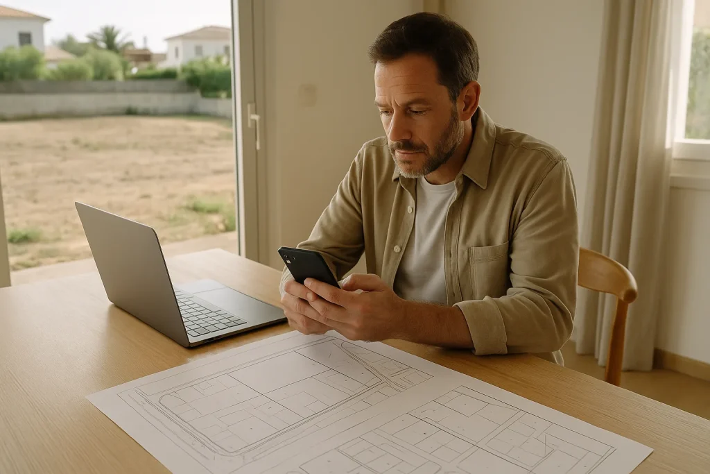 Propietario revisando mensajes y llamadas de posibles compradores de un terreno con documentos sobre la mesa