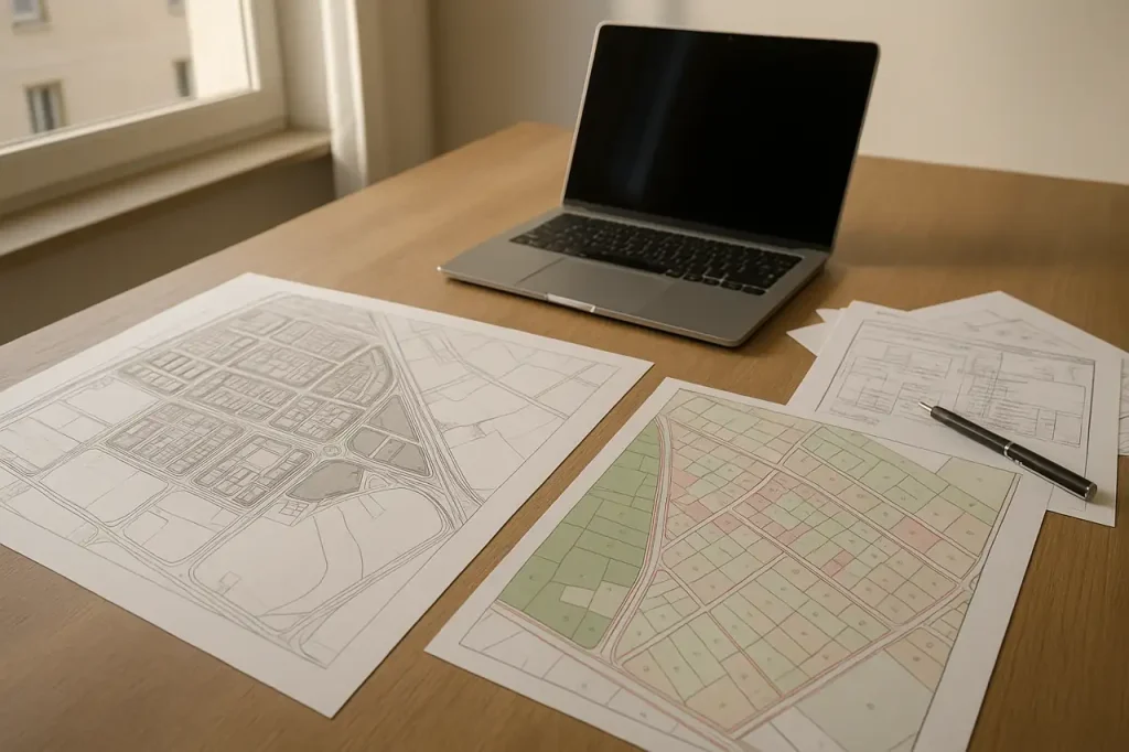 Plano urbanístico y documentación técnica sobre una mesa para revisar un terreno antes de venderlo