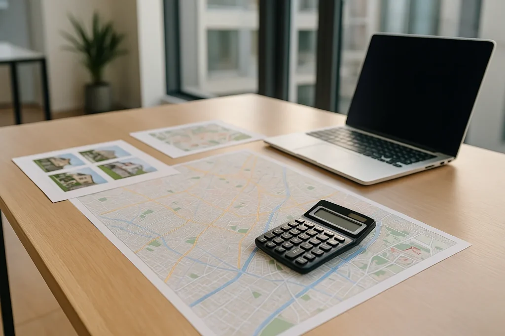 Mesa de trabajo con plano de suelo, comparables y calculadora para revisar el precio de venta